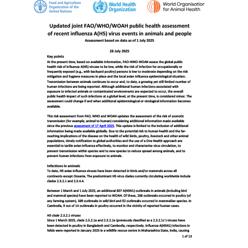 Updated joint FAO/WHO/WOAH public health assessment of recent influenza A(H5) virus events in animals and people (Assessment based on data as of 1 July 2025)